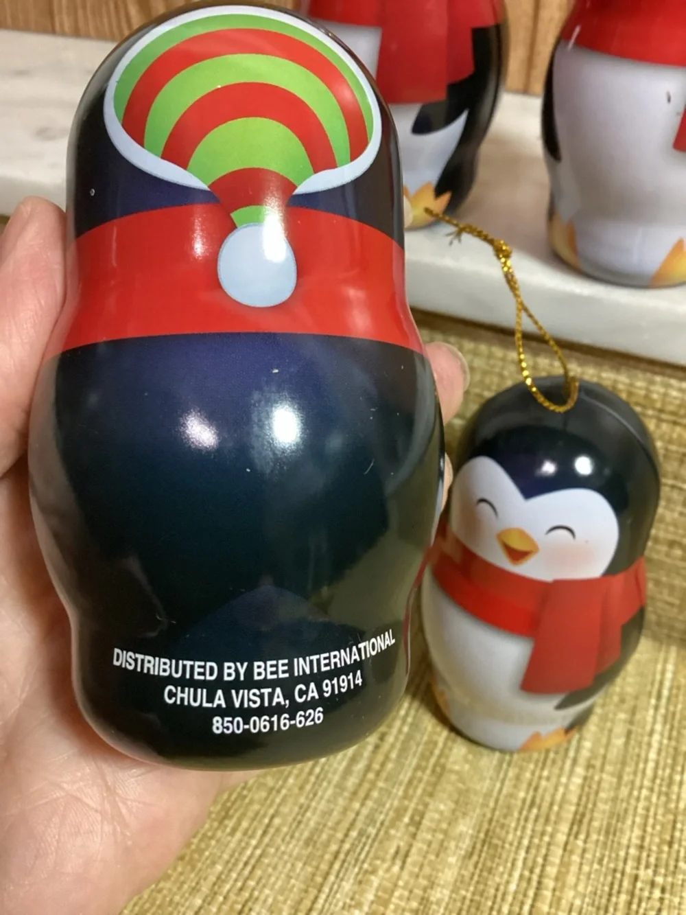 Vintage Bee International Red-Scarf Penguin Holiday Candy Tin Ornaments -